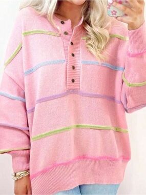 Pink Striped Button-Neck Knit Pullover L